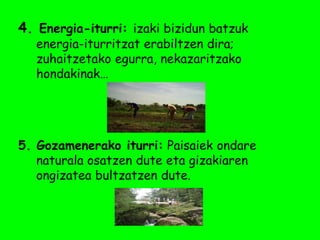 4. Energia-iturri: izaki bizidun batzuk
   energia-iturritzat erabiltzen dira;
   zuhaitzetako egurra, nekazaritzako
   hondakinak…




5. Gozamenerako iturri: Paisaiek ondare
   naturala osatzen dute eta gizakiaren
   ongizatea bultzatzen dute.
 