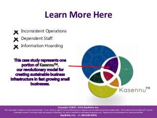 Learn More Here
Information Hoarding
Inconsistent Operations
Dependent Staff
This case study represents one
portion of KasennuTM,
our revolutionary model for
creating sustainable business
infrastructure in fast growing small
businesses.
Copyright © 2007—2016. Equilibria, Inc.
This case study is based on actual facts and data. In our efforts to uphold client confidentiality, we disguise and sometimes eliminate revealing data. The Business Process ManualTM and the
illustrations shown in this case study are property of Equilibria, Inc. and is intended for educational purposes only. Reproduction and distribution for-profit is prohibited.
Equilibria, Inc. +1 (404-964-2978)
 