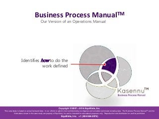 Business Process ManualTM
Our Version of an Operations Manual
Copyright © 2007—2016. Equilibria, Inc.
This case study is based on actual facts and data. In our efforts to uphold client confidentiality, we disguise and sometimes eliminate revealing data. The Business Process ManualTM and the
illustrations shown in this case study are property of Equilibria, Inc. and is intended for educational purposes only. Reproduction and distribution for-profit is prohibited.
Equilibria, Inc. +1 (404-964-2978)
Identifies how to do the
work defined
 