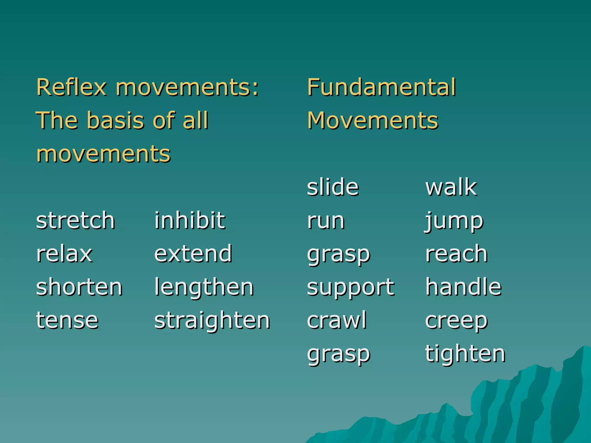 Reflex movements: The basis of all  movements stretch inhibit relax extend shorten lengthen tense straighten  Fundamental Movements slide walk run jump grasp reach support handle crawl creep grasp tighten 