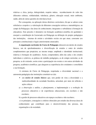 relativas a: ética, justiça, dialogicidade, respeito mútuo, reconhecimento do valor das
diferentes culturas, solidariedade, tolerância, gênero, educação sexual, meio ambiente,
saúde, além de outras questões de relevância local.
       Por conseguinte, na aplicação destas diretrizes curriculares, há que se adotar como
referência o respeito e a valorização de diferentes concepções teóricas e metodológicas, no
campo da Pedagogia e das áreas de conhecimento, integrantes e subsidiárias à formação de
educadores. Este preceito é denotativo da formação acadêmico-científica de qualidade e
ensejará a contribuição do Licenciado em Pedagogia na definição do projeto pedagógico
das instituições, sistemas de ensino e atividades sociais em que atuar, consoante aos
princípios constitucionais e legais anteriormente enunciados.
       A organização curricular do Curso de Pedagogia oferecerá um núcleo de estudos
básicos, um de aprofundamentos e diversificação de estudos e outro de estudos
complementares que propiciem, ao mesmo tempo, amplitude e identidade institucional,
relativas à formação do acadêmico. Assim, compreenderá, além das aulas e dos estudos
individuais e coletivos, as práticas de trabalho pedagógico, as de estágio curricular, as de
pesquisa, as de extensão, assim como a participação em eventos e em outras atividades de
pesquisa, acadêmico-científicas, que alarguem as experiências dos estudantes e consolidem
a sua formação.
        A estrutura do Curso de Pedagogia, respeitadas a diversidade nacional e a
autonomia pedagógica das instituições constituir-se-á de:
       •   um núcleo de estudos básicos que, sem perder de vista a diversidade e a
           multiculturalidade da sociedade brasileira, articulará, por meio de reflexão e
           ações críticas:
       a) a observação e análise, o planejamento, a implementação e a avaliação de
           processos educativos e de experiências educacionais, em escolares e não
           escolares;
       b) a gestão de processos educativos em espaços escolares e não escolares;
        c) os princípios, concepções e critérios oferecidos por estudos das diversas áreas do
       conhecimento que contribuam para o desenvolvimento das pessoas, das
       organizações e da sociedade;




                                                                                          15
 