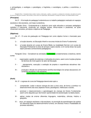 o antropológico, o ecológico, o psicológico, o lingüístico, o sociológico, o político, o econômico, o
cultural.


          Parágrafo Único - O propósito destes estudos é nortear a observação, a análise, a execução e a avaliação do ato docente e das práticas de gestão
dos processos educativos escolares e não-escolares, assim como os de organização, funcionamento e avaliação de sistemas e de estabelecimentos ensino.

(Princípios)
           Art 3º - A formação do pedagogo fundamenta-se no trabalho pedagógico realizado em espaços
escolares e não-escolares, com base na docência.
        Parágrafo Único - Compreende-se a docência como ação educativa e processo pedagógico
metódico e intencional, construído em relações sociais, étnico-raciais e produtivas, as quais
influenciam conceitos, princípios e objetivos da Pedagogia.

(Objetivos)
       Art. 4º - O curso de graduação em Pedagogia tem como objetivo formar o licenciado para
exercer:

           I) -      a função docente, na Educação Infantil e nos anos iniciais do Ensino Fundamental;

           II) -     a função docente em cursos de Ensino Médio na modalidade Normal e em cursos de
                     Educação Profissional na área de serviços e apoio escolar, e em outras áreas nas quais
                     sejam previstos conhecimentos pedagógicos;


           Parágrafo Único - Consideram-se atividades ? articulados complementares à docência, dentre
outras:

           I-       organização e gestão de sistemas e instituições de ensino, assim como funções próprias
                      de técnicos de nível superior do setor da Educação;

           II -           planejamento, execução e avaliação de projetos e experiências educativas não-
                        escolares e

           III -        produção e difusão do conhecimento científico-tecnológico do campo educacional, em
                        contextos escolares e não-escolares.
                               Vitória observou: conheça a totalidade da escola


(Perfil)
           Art. 5º - o egresso do curso de Pedagogia deverá estar apto a:

           I-        compreender, cuidar e educar crianças de zero a cinco anos, de forma a contribuir no
                     desenvolvimento dos seus aspectos físicos, psicológicos, intelectuais e sociais;

           II -      promover o desenvolvimento e aprendizagem de crianças do Ensino Fundamental,
                     assim como daqueles que não tiveram oportunidade de escolarização na idade própria;

           III -     aplicar modos de ensinar diferentes linguagens, matemática, ciências, história e
                     geografia;

           IV -     atuar, em espaços escolares e não-escolares, na promoção da aprendizagem de sujeitos
                     em diferentes fases do desenvolvimento humano, em diversos níveis e modalidades do
                     processo educativo;



                                                                                                                                                      15
 