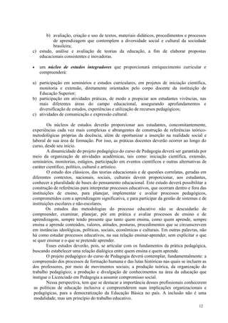 b) avaliação, criação e uso de textos, materiais didáticos, procedimentos e processos
          de aprendizagem que contemplem a diversidade social e cultural da sociedade
          brasileira;
c) estudo, análise e avaliação de teorias da educação, a fim de elaborar propostas
   educacionais consistentes e inovadoras.

   um núcleo de estudos integradores que proporcionará enriquecimento curricular e
    compreenderá:

a) participação em seminários e estudos curriculares, em projetos de iniciação científica,
   monitoria e extensão, diretamente orientados pelo corpo docente da instituição de
   Educação Superior;
b) participação em atividades práticas, de modo a propiciar aos estudantes vivências, nas
   mais diferentes áreas do campo educacional, assegurando aprofundamentos e
   diversificação de estudos, experiências e utilização de recursos pedagógicos;
c) atividades de comunicação e expressão cultural.

         Os núcleos de estudos deverão proporcionar aos estudantes, concomitantemente,
experiências cada vez mais complexas e abrangentes de construção de referências teórico-
metodológicas próprias da docência, além de oportunizar a inserção na realidade social e
laboral de sua área de formação. Por isso, as práticas docentes deverão ocorrer ao longo do
curso, desde seu início.
         A dinamicidade do projeto pedagógico do curso de Pedagogia deverá ser garantida por
meio da organização de atividades acadêmicas, tais como: iniciação científica, extensão,
seminários, monitorias, estágios, participação em eventos científicos e outras alternativas de
caráter científico, político, cultural e artístico.
         O estudo dos clássicos, das teorias educacionais e de questões correlatas, geradas em
diferentes contextos, nacionais, sociais, culturais devem proporcionar, aos estudantes,
conhecer a pluralidade de bases do pensamento educacional. Este estudo deverá possibilitar a
construção de referências para interpretar processos educativos, que ocorram dentro e fora das
instituições de ensino, para planejar, implementar e avaliar processos pedagógicos,
comprometidos com a aprendizagem significativa, e para participar da gestão de sistemas e de
instituições escolares e não-escolares.
        Os estudos das metodologias do processo educativo não se descuidarão de
compreender, examinar, planejar, pôr em prática e avaliar processos de ensino e de
aprendizagem, sempre tendo presente que tanto quem ensina, como quem aprende, sempre
ensina e aprende conteúdos, valores, atitudes, posturas, procedimentos que se circunscrevem
em instâncias ideológicas, políticas, sociais, econômicas e culturais. Em outras palavras, não
há como estudar processos educativos, na sua relação ensinar-aprender, sem explicitar o que
se quer ensinar e o que se pretende aprender.
        Esses estudos deverão, pois, se articular com os fundamentos da prática pedagógica,
buscando estabelecer uma relação dialógica entre quem ensina e quem aprende.
        O projeto pedagógico do curso de Pedagogia deverá contemplar, fundamentalmente: a
compreensão dos processos de formação humana e das lutas históricas nas quais se incluem as
dos professores, por meio de movimentos sociais; a produção teórica, da organização do
trabalho pedagógico; a produção e divulgação de conhecimentos na área da educação que
instigue o Licenciado em Pedagogia a assumir compromisso social.
        Nessa perspectiva, tem que se destacar a importância desses profissionais conhecerem
 as políticas de educação inclusiva e compreenderem suas implicações organizacionais e
 pedagógicas, para a democratização da Educação Básica no país. A inclusão não é uma
 modalidade, mas um princípio do trabalho educativo.
                                                                                         12
 