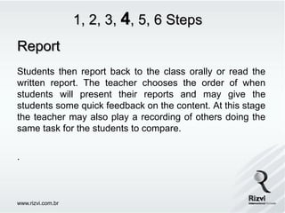1, 2, 3, 4, 5, 6 Steps
Report
Students then report back to the class orally or read the
written report. The teacher chooses the order of when
students will present their reports and may give the
students some quick feedback on the content. At this stage
the teacher may also play a recording of others doing the
same task for the students to compare.


.



www.rizvi.com.br
 