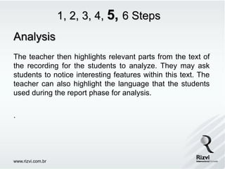 1, 2, 3, 4, 5, 6 Steps
Analysis
The teacher then highlights relevant parts from the text of
the recording for the students to analyze. They may ask
students to notice interesting features within this text. The
teacher can also highlight the language that the students
used during the report phase for analysis.


.




www.rizvi.com.br
 