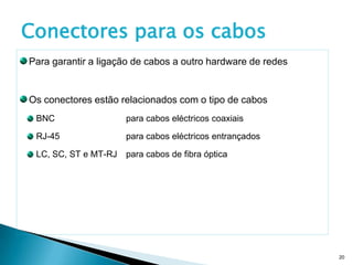 Conectores para os cabos
Para garantir a ligação de cabos a outro hardware de redes


Os conectores estão relacionados com o tipo de cabos
 BNC                  para cabos eléctricos coaxiais

 RJ-45                para cabos eléctricos entrançados

 LC, SC, ST e MT-RJ   para cabos de fibra óptica




                                                             20
 