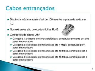 Cabos entrançados
 Distância máxima admissível de 100 m entre a placa de rede e o
 hub
 Nos extremos são colocadas fichas RJ45
 Categorias de cabos UTP
   Categoria 1: utilizado em linhas telefónicas, constituído somente por dois
   pares entrelaçados;
   Categoria 2: velocidade de transmissão até 4 Mbps, constituído por 4
   pares entrelaçados;
   Categoria 3: velocidade de transmissão até 10 Mbps, constituído por 4
   pares entrelaçados;
   Categoria 4: velocidade de transmissão até 16 Mbps, constituído por 4
   pares entrelaçados


                                                                                9
 