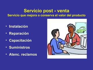 Servicio post - venta Servicio que mejora o conserva el valor del producto Instalación Reparación Capacitación Suministros Atenc. reclamos 