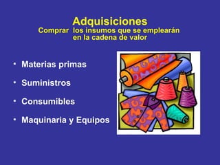 Adquisiciones Comprar  los insumos que se emplearán  en la cadena de valor Materias primas Suministros Consumibles Maquinaria y Equipos 