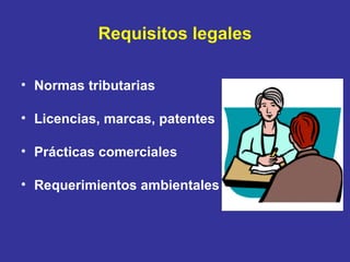 Requisitos legales Normas tributarias  Licencias, marcas, patentes Prácticas comerciales Requerimientos ambientales 