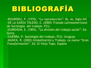 BIBLIOGRAFÍA -BOURDIEU, P. (1970). “ La reproducción”.  Bs. As. Siglo XXI -DE LA GARZA TOLEDO, E. (2000)  Tratado Latinoamericano  de Sociología  del trabajo . FCU.  -DURKHEIM, E. (1893). “ La división del trabajo social”.  Ed. Gorla -GUERRA, P.  Sociología del trabajo . FCU. Uruguay -MUNCK, R. (2002)  Globalización y Trabajo. La nueva “Gran Transformación ”. Ed. El Viejo Topo. España 