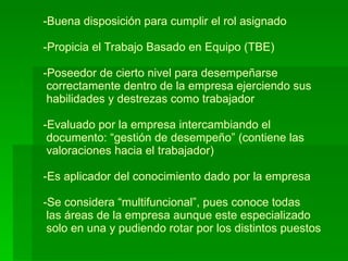 Buena disposición para cumplir el rol asignado -Propicia el Trabajo Basado en Equipo (TBE) -Poseedor de cierto nivel para desempeñarse   correctamente dentro de la empresa ejerciendo sus   habilidades y destrezas como trabajador -Evaluado por la empresa intercambiando el   documento: “gestión de desempeño” (contiene las  valoraciones hacia el trabajador) -Es aplicador del conocimiento dado por la empresa -Se considera “multifuncional”, pues conoce todas  las áreas de la empresa aunque este especializado   solo en una y pudiendo rotar por los distintos puestos 