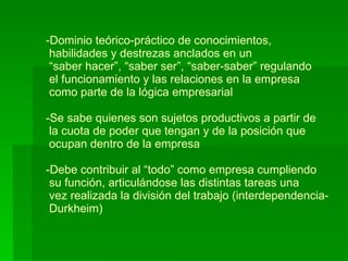 Dominio teórico-práctico de conocimientos,   habilidades y destrezas anclados en un   “saber hacer”, “saber ser”, “saber-saber” regulando  el funcionamiento y las relaciones en la empresa   como parte de la lógica empresarial -Se sabe quienes son sujetos productivos a partir de   la cuota de poder que tengan y de la posición que  ocupan dentro de la empresa -Debe contribuir al “todo” como empresa cumpliendo   su función, articulándose las distintas tareas una   vez realizada la división del trabajo (interdependencia-  Durkheim) 