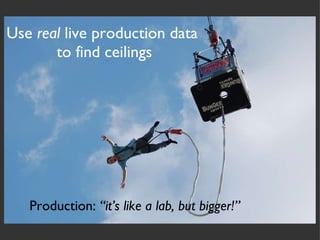 Use  real  live production data  to find ceilings Production:  “it’s like a lab, but bigger!” 