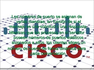 Los números de puerto se asignan de varias maneras, en función de si el mensaje es una solicitud o una respuesta. Mientras que los procesos en el servidor poseen números de puertos estáticos asignados a ellos, los clientes eligen un número de puerto de forma dinámica para cada conversación. 