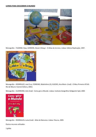 LIVROS PARA DESCOBRIR O MUNDO




Monografia – YILDIRIM, Eljay; GORDON, Steven (fotog.) - O Atlas da tia Lena. Lisboa: Editora Replicação, 1997.




Monografia – RODRÍGUEZ, José Cruz; FERREIRO, Madroñero (il); GUEDES, Ana Maria (trad) - O Meu Primeiro ATLAS.
Rio de Mouro: Everest Editora, 2001)

Monografia – GUERREIRO, Inês (trad) - Como gira o Mundo. Lisboa: Instituto Geográfico DeAgostini SpA, 2005




Monografia – RODRIGUES, Luísa (trad) - Atlas da Natureza. Lisboa: Fleurus, 2005

Outros recursos utilizados:

1 globo
 