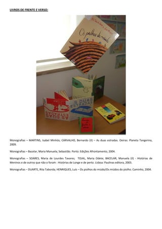 LIVROS DE FRENTE E VERSO:




Monografias – MARTINS, Isabel Minhós; CARVALHO, Bernardo (il) – As duas estradas. Oeiras: Planeta Tangerina,
2009.

Monografias – Bacelar, Maria Manuela; Sebastião. Porto: Edições Afrontamento, 2004.

Monografias – SOARES, Maria de Lourdes Tavares; TOJAL, Maria Odete; BACELAR, Manuela (il) - Histórias de
Meninos e de outros que não o foram : Histórias de Longe e de perto. Lisboa: Paulinas editora, 2003.

Monografias – DUARTE, Rita Taborda; HENRIQUES, Luís – Os piolhos do miúdo/Os miúdos do piolho. Caminho, 2004.
 
