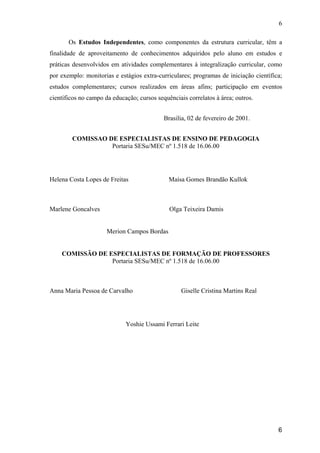 6

       Os Estudos Independentes, como componentes da estrutura curricular, têm a
finalidade de aproveitamento de conhecimentos adquiridos pelo aluno em estudos e
práticas desenvolvidos em atividades complementares à integralização curricular, como
por exemplo: monitorias e estágios extra-curriculares; programas de iniciação científica;
estudos complementares; cursos realizados em áreas afins; participação em eventos
científicos no campo da educação; cursos sequênciais correlatos à área; outros.


                                            Brasilia, 02 de fevereiro de 2001.


        COMISSAO DE ESPECIALISTAS DE ENSINO DE PEDAGOGIA
                  Portaria SESu/MEC nº 1.518 de 16.06.00




Helena Costa Lopes de Freitas                 Maísa Gomes Brandão Kullok



Marlene Goncalves                             Olga Teixeira Damis


                      Merion Campos Bordas


    COMISSÃO DE ESPECIALISTAS DE FORMAÇÃO DE PROFESSORES
                 Portaria SESu/MEC nº 1.518 de 16.06.00



Anna Maria Pessoa de Carvalho                      Giselle Cristina Martins Real




                             Yoshie Ussami Ferrari Leite




                                                                                       6
 