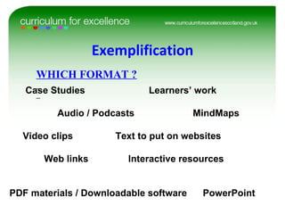 WHICH FORMAT ? Exemplification Case Studies  Learners’ work    Audio / Podcasts  MindMaps Video clips  Text to put on websites  Web links  Interactive resources  PDF materials / Downloadable software  PowerPoint  
