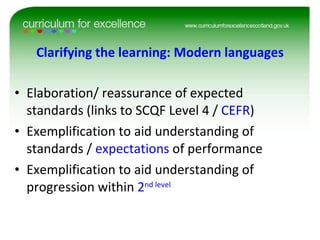 Clarifying the learning: Modern languages Elaboration/ reassurance of expected standards (links to SCQF Level 4 /  CEFR ) Exemplification to aid understanding of standards /  expectations  of performance Exemplification to aid understanding of progression within  2 nd  level 