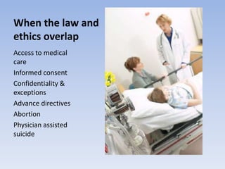 When the law and ethics overlap Access to medical careInformed consentConfidentiality & exceptionsAdvance directivesAbortionPhysician assisted suicide
