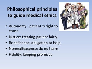 Philosophical principles to guide medical ethicsAutonomy: patient ‘s right to choseJustice: treating patient fairlyBeneficence: obligation to helpNonmalfeasence: do no harmFidelity: keeping promises
