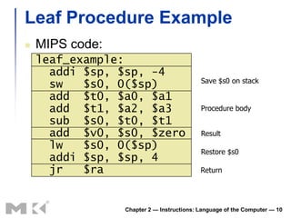 Leaf Procedure Example
   MIPS code:
    leaf_example:
      addi $sp, $sp, -4
                                           Save $s0 on stack
      sw   $s0, 0($sp)
      add $t0, $a0, $a1
      add $t1, $a2, $a3                    Procedure body
      sub $s0, $t0, $t1
      add $v0, $s0, $zero                  Result
      lw   $s0, 0($sp)                     Restore $s0
      addi $sp, $sp, 4
      jr   $ra                             Return




                 Chapter 2 — Instructions: Language of the Computer — 10
 