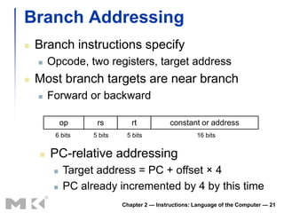 Branch Addressing
   Branch instructions specify
       Opcode, two registers, target address
   Most branch targets are near branch
       Forward or backward

             op     rs         rt            constant or address
         6 bits    5 bits    5 bits                   16 bits


       PC-relative addressing
            Target address = PC + offset × 4
            PC already incremented by 4 by this time
                            Chapter 2 — Instructions: Language of the Computer — 21
 