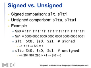 Signed vs. Unsigned
   Signed comparison: slt, slti
   Unsigned comparison: sltu, sltui
   Example
       $s0 = 1111 1111 1111 1111 1111 1111 1111 1111
       $s1 = 0000 0000 0000 0000 0000 0000 0000 0001
       slt $t0, $s0, $s1 # signed
            –1 < +1   $t0 = 1
       sltu $t0, $s0, $s1                    # unsigned
            +4,294,967,295 > +1        $t0 = 0


                           Chapter 2 — Instructions: Language of the Computer — 5
 