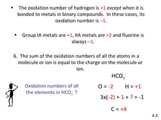 The oxidation number of hydrogen is  +1   except  when it is bonded to metals in binary compounds.  In these cases, its oxidation number is  –1 . 6.  The sum of the oxidation numbers of all the atoms in a molecule or ion is equal to the charge on the molecule or ion. Group IA metals are  +1 , IIA metals are  +2  and fluorine is always  –1 . HCO 3 - O =  -2 H =  +1 3x( -2)  +  1  +  ?  = -1 C =  +4 4.4 Oxidation numbers of all the elements in HCO 3 -  ? 