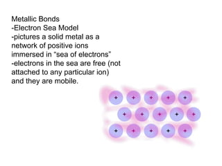 Metallic Bonds -Electron Sea Model -pictures a solid metal as a network of positive ions immersed in “sea of electrons” -electrons in the sea are free (not attached to any particular ion) and they are mobile. 
