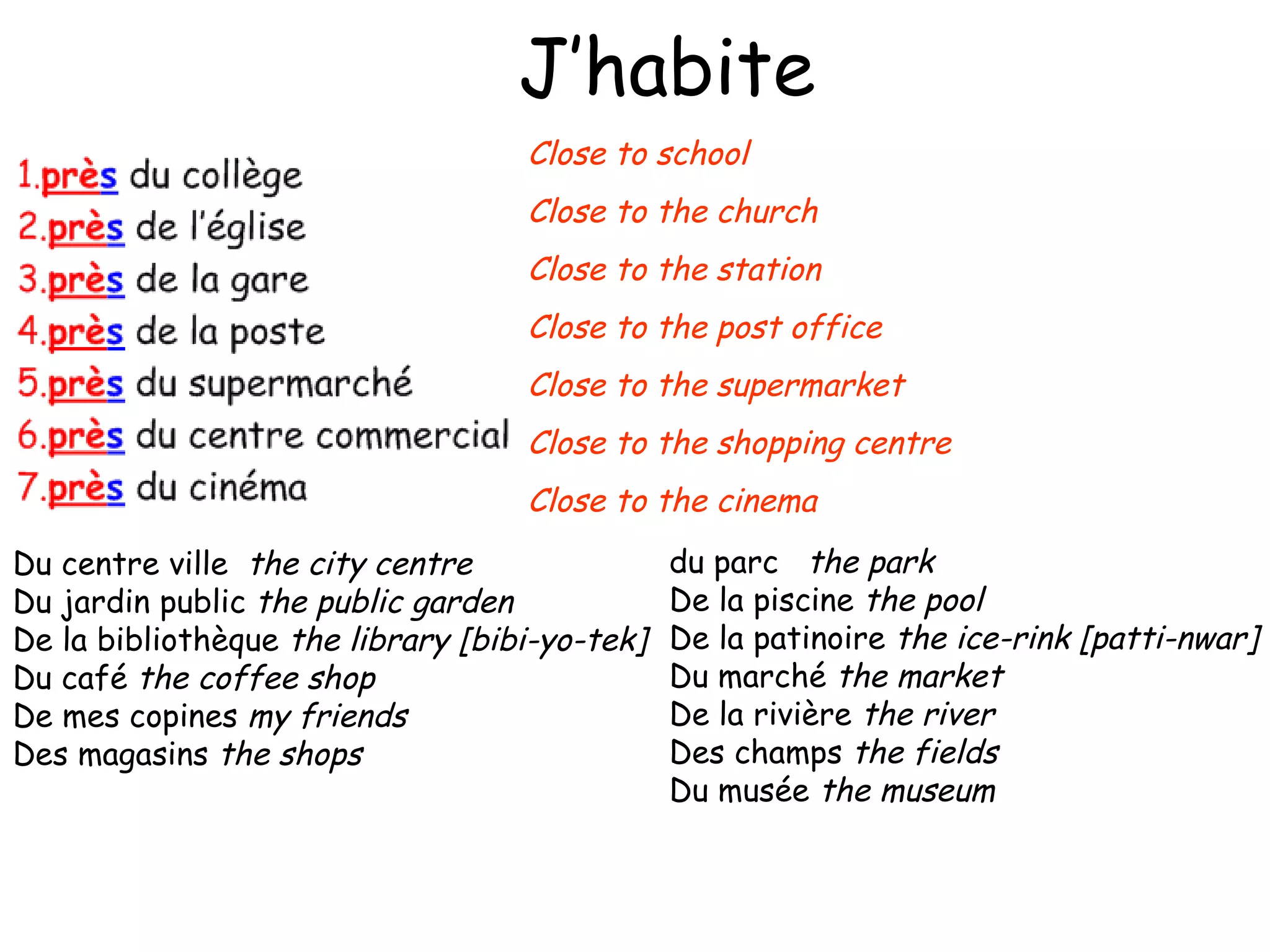J’habite Du centre ville  the city centre Du jardin public  the public garden De la bibliothèque  the library [bibi-yo-tek] Du café  the coffee shop De mes copines  my friends Des magasins  the shops d u parc  the park De la piscine  the pool De la patinoire  the ice-rink [patti-nwar] Du marché  the market De la rivière  the river Des champs  the fields Du musée  the museum Close to school Close to the church Close to the station Close to the post office Close to the supermarket Close to the shopping centre Close to the cinema 