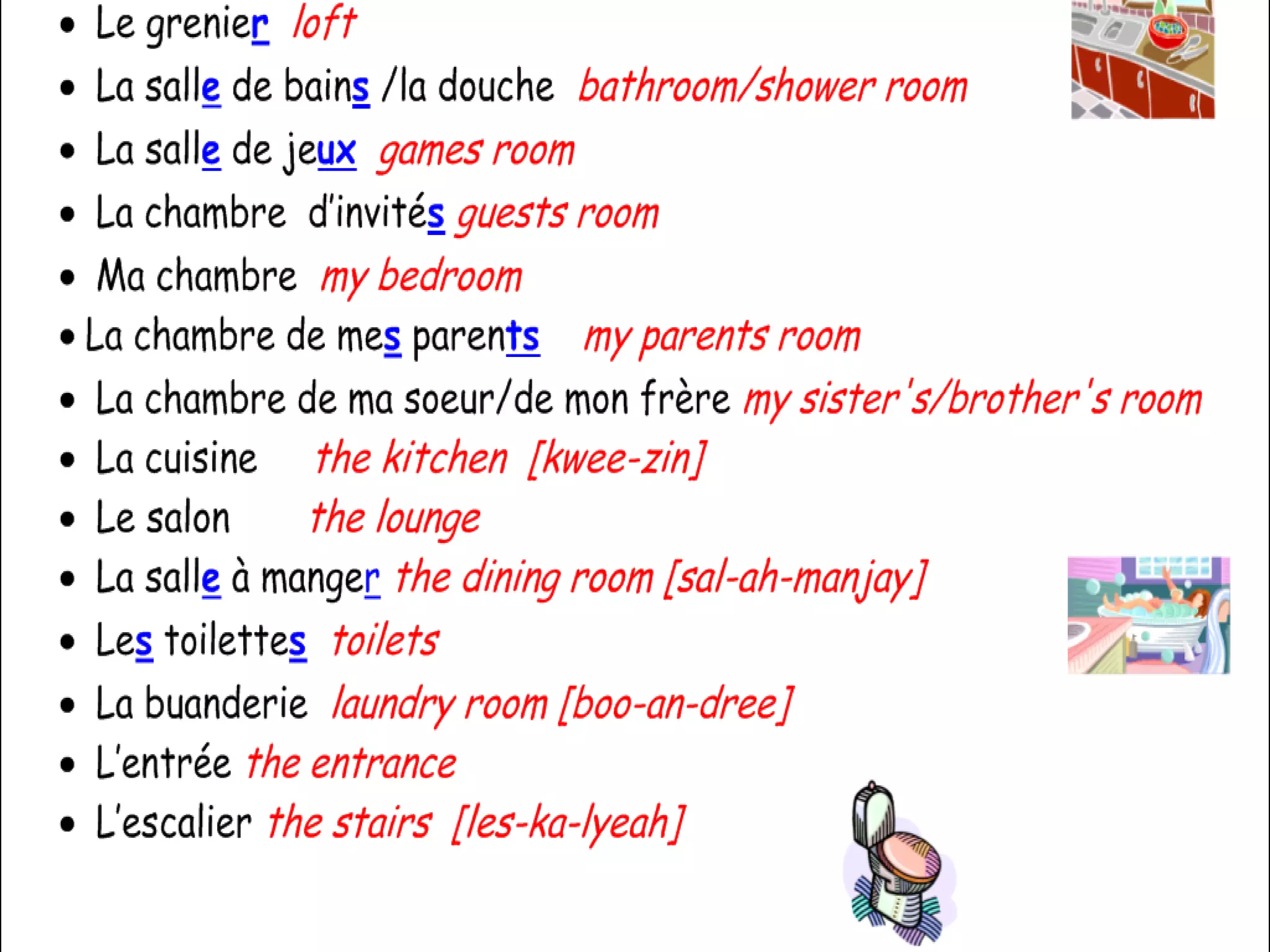 Dan s  ma maison  in my house il y a  there is/there are  [eel-ya] nous avon s   we have il y a ………pièce s   there are …..rooms [pee-yes]  