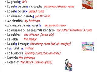 Dan s  ma maison  in my house il y a  there is/there are  [eel-ya] nous avon s   we have il y a ………pièce s   there are …..rooms [pee-yes]  