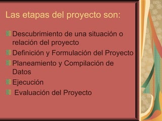 Las etapas del proyecto son: Descubrimiento de una situación o relación del proyecto Definición y Formulación del Proyecto Planeamiento y Compilación de Datos Ejecución Evaluación del Proyecto 
