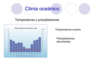 Clima oceánico Temperaturas y precipitaciones Temperaturas suaves Precipitaciones abundantes
