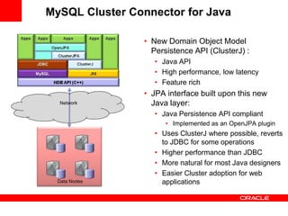 MySQL Cluster Connector for Java

                • New Domain Object Model
                  Persistence API (ClusterJ) :
                   • Java API
                   • High performance, low latency
                   • Feature rich
                • JPA interface built upon this new
  Network         Java layer:
                   • Java Persistence API compliant
                      • Implemented as an OpenJPA plugin
                   • Uses ClusterJ where possible, reverts
                     to JDBC for some operations
                   • Higher performance than JDBC
                   • More natural for most Java designers
                   • Easier Cluster adoption for web
  Data Nodes         applications
 