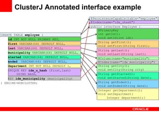 ClusterJ Annotated interface example
                                             @PersistenceCapable(table="employee")
                                             @Index(name="idx_uhash")
                                             public interface Employee {
                                                 @PrimaryKey
CREATE TABLE employee (                          int getId();
                                                 void setId(int id);
    id INT NOT NULL PRIMARY KEY,
                                                 String getFirst();
    first VARCHAR(64) DEFAULT NULL,
                                                 void setFirst(String first);
    last VARCHAR(64) DEFAULT NULL,
                                                 String getLast();
    municipality VARCHAR(64) DEFAULT NULL,       void setLast(String last);
    started VARCHAR(64) DEFAULT NULL,            @Column(name="municipality")
    ended VARCHAR(64) DEFAULT NULL,              @Index(name="idx_municipality")
    department INT NOT NULL DEFAULT 1,           String getCity();
    UNIQUE KEY idx_u_hash (first,last)           void setCity(String city)
         USING HASH,                             String getStarted();
    KEY idx_municipality (municipality)          void setStarted(String date);
) ENGINE=NDBCLUSTER;                             String getEnded();
                                                 void setEnded(String date);
                                                 Integer getDepartment();
                                                 void setDepartment(
                                                      Integer department);}
 