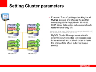 Setting Cluster parameters

mysql
client
                                       • Example: Turn of privilege checking for all
                                         MySQL Servers and change the port for
                                         connecting to the mysqld with ID = 8 to
            7. mysqld      8. mysqld     3307. Allow data nodes to be automatically
          1. ndb_mgmd    2. ndb_mgmd
                                         restarted after they fail:
                                        mysql> set skip_grant_tables:mysqld=true,port:mysqld:8=3307,
             agent          agent       --> StopOnError:ndbd=false mycluster;

                                         MySQL Cluster Manager automatically
         192.168.0.10   192.168.0.11
                                         determines which nodes (processes) need
                                         to be restarted and in which order to make
             3. ndbd        4. ndbd
                                         the change take effect but avoid loss of
             5. ndbd        6. ndbd
                                         service
             agent          agent



         192.168.0.12   192.168.0.13
 