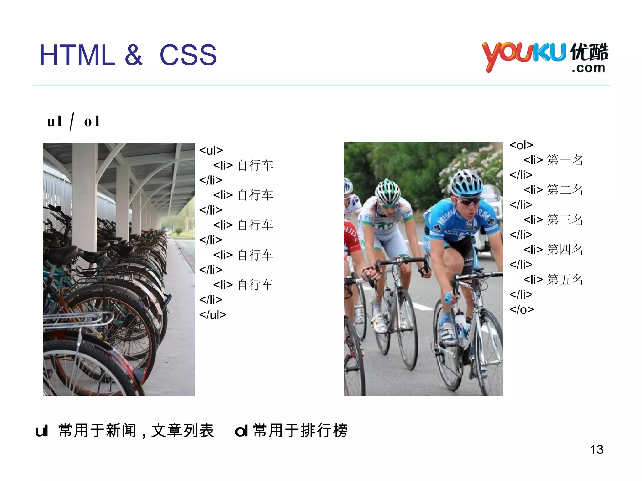 HTML &  CSS ul / ol <ul> <li> 自行车 </li> <li> 自行车 </li> <li> 自行车 </li> <li> 自行车 </li> <li> 自行车 </li> </ul> <ol> <li> 第一名 </li> <li> 第二名 </li> <li> 第三名 </li> <li> 第四名 </li> <li> 第五名 </li> </o> ul  常用于新闻 , 文章列表  ol 常用于排行榜 