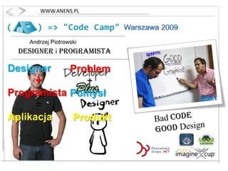 WWW.ANENS.PL Warszawa 2009 Andrzej Piotrowski Designer iProgramista Designer           + Programista           =  Aplikacja Problem       +   Pomysł       = Produkt Bad CODE Good Design 