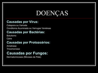 DOENÇAS Causadas por Vírus: Catapora ou Varicela Condiloma Acuminado ou Verrugas Venéreas Causadas por Bactérias: Botulismo Cárie Causadas por Protozoários: Amebíase Tricomoníase Causadas por Fungos: Dermatomicoses (Micoses de Pele) 