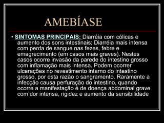 AMEBÍASE •  SINTOMAS PRINCIPAIS:  Diarréia com cólicas e aumento dos sons intestinais; Diarréia mais intensa com perda de sangue nas fezes, febre e emagrecimento (em casos mais graves). Nestes casos ocorre invasão da parede do intestino grosso com inflamação mais intensa. Podem ocorrer ulcerações no revestimento interno do intestino grosso, por esta razão o sangramento. Raramente a infecção causa perfuração do intestino, quando ocorre a manifestação é de doença abdominal grave com dor intensa, rigidez e aumento da sensibilidade 