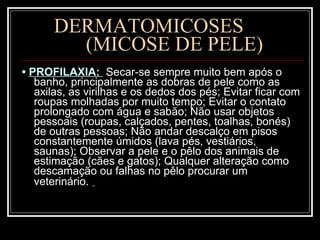 DERMATOMICOSES  (MICOSE DE PELE) •  PROFILAXIA:  Secar-se sempre muito bem após o banho, principalmente as dobras de pele como as axilas, as virilhas e os dedos dos pés; Evitar ficar com roupas molhadas por muito tempo; Evitar o contato prolongado com água e sabão; Não usar objetos pessoais (roupas, calçados, pentes, toalhas, bonés) de outras pessoas; Não andar descalço em pisos constantemente úmidos (lava pés, vestiários, saunas); Observar a pele e o pêlo dos animais de estimação (cães e gatos); Qualquer alteração como descamação ou falhas no pêlo procurar um veterinário.   