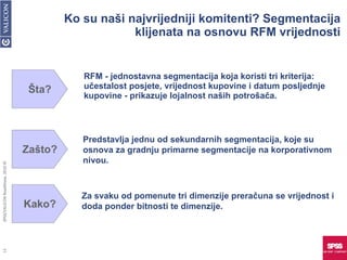 Ko su naši najvrijedniji komitenti? Segmentacija klijenata na osnovu RFM vrijednosti RFM - jednostavna segmentacija koja koristi tri kriterija: učestalost posjete, vrijednost kupovine i datum posljednje kupovine - prikazuje lojalnost naših potrošača.  Šta? Zašto? Predstavlja jednu od sekundarnih segmentacija, koje su osnova za gradnju primarne segmentacije na korporativnom nivou. Kako? Za svaku od pomenute tri dimenzije preračuna se vrijednost i doda ponder bitnosti te dimenzije.  SPSS/VALICON RoadShow, 2010 © 