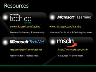 Required SlideSpeakers, TechEd 2010 is not producing a DVD. Please announce that attendees can access session recordings at TechEd Online. www.microsoft.com/techedSessions On-Demand & Communitywww.microsoft.com/learningMicrosoft Certification & Training Resourceshttp://microsoft.com/technetResources for IT Professionalshttp://microsoft.com/msdnResources for DevelopersResources