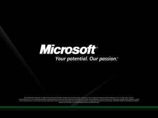 Required Slide© 2010 Microsoft Corporation. All rights reserved. Microsoft, Windows, Windows Vista and other product names are or may be registered trademarks and/or trademarks in the U.S. and/or other countries.The information herein is for informational purposes only and represents the current view of Microsoft Corporation as of the date of this presentation.  Because Microsoft must respond to changing market conditions, it should not be interpreted to be a commitment on the part of Microsoft, and Microsoft cannot guarantee the accuracy of any information provided after the date of this presentation.  MICROSOFT MAKES NO WARRANTIES, EXPRESS, IMPLIED OR STATUTORY, AS TO THE INFORMATION IN THIS PRESENTATION.