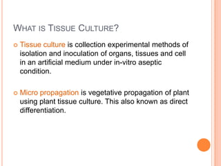 What is Tissue Culture?<br />Tissue culture is collection experimental methods of isolation and inoculation of organs, tis...