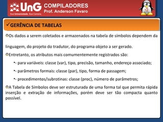 COMPILADORES Prof. Anderson Favaro GERÊNCIA DE TABELAS Os dados a serem coletados e armazenados na tabela de símbolos dependem da  linguagem, do projeto do tradutor, do programa objeto a ser gerado.  Entretanto, os atributos mais comumentemente registrados são:  - para variáveis: classe (var), tipo, precisão, tamanho, endereço associado;  - parâmetros formais: classe (par), tipo, forma de passagem;  - procedimentos/subrotinas: classe (proc), número de parâmetros;  A Tabela de Símbolos deve ser estruturada de uma forma tal que permita rápida inserção e extração de informações, porém deve ser tão compacta quanto possível.  