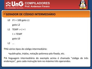 COMPILADORES Prof. Anderson Favaro GERADOR DE CÓDIGO INTERMEDIÁRIO L0 if I < 100 goto L1 goto L2 L1 TEMP := J + I I := TEMP goto L0 L2 ... Há vários tipos de código intermediário:  quádruplas, triplas, notação polonesa pós-fixada, etc.  A linguagem intermediária do exemplo acima é chamada "código de três endereços", pois cada instrução tem no máximo três operandos.  